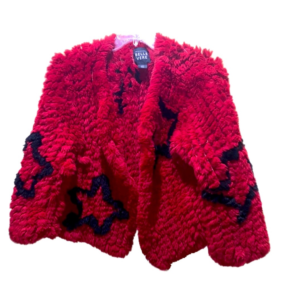 BELLE VERE FAUX FUR RED/BLACK STAR DECOR CROP OPEN-FRONT JACKET SZ S